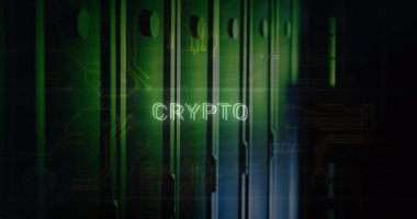 Veri işleme ve bilgisayar sunucuları üzerinden şifreli metin resmi. Dijital olarak oluşturulmuş görüntü küresel çevrimiçi güvenlik, bilgisayar ve veri işleme kavramı.