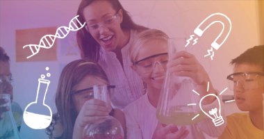 Değişik öğrencilerin deney yaparken kimya öğelerinin görüntüsü. öğrenim, eğitim ve okul konseptine dijital olarak üretilen imaj.