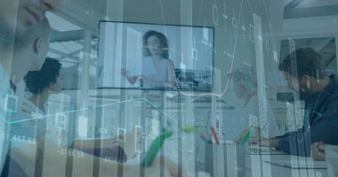 Ofiste çalışan iş adamlarının mali veri işleme görüntüsü. Küresel iş bağlantıları ve veri işleme kavramı dijital olarak oluşturulmuş görüntü.