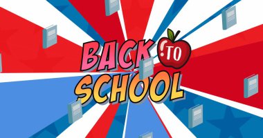 Image of back to school text over school items icons on blue red and white background. school, education and study concept digitally generated image. clipart