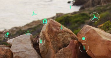 Manzara üzerindeki sürdürülebilirlik ve ekoloji simgeleri. Ekoloji, sürdürülebilirlik ve veri işleme kavramı dijital olarak oluşturulmuş görüntü