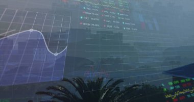 Şehir manzarası üzerinde finansal veri işleme resmi. Küresel iş, finans, veri işleme ve dijital arayüz kavramı dijital olarak oluşturuldu.