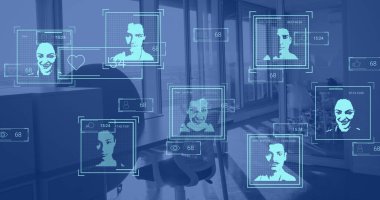 Ofisteki iş yerindeki biyometrik fotoğraflar ve veri işleme resimleri. Küresel finans, iş, bağlantılar, hesaplama ve veri işleme kavramı dijital olarak oluşturuldu.