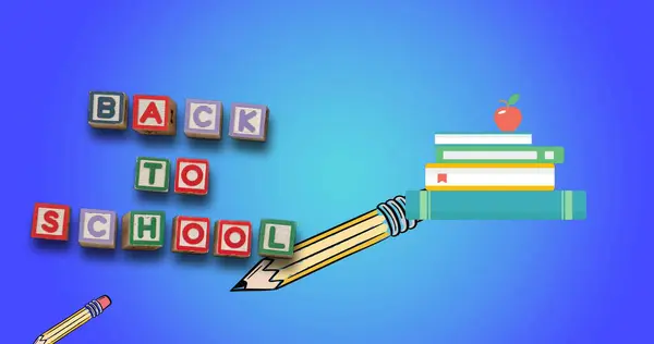 Stock image Image of back to school text over school items icons on blue background. school, education and study concept digitally generated image.