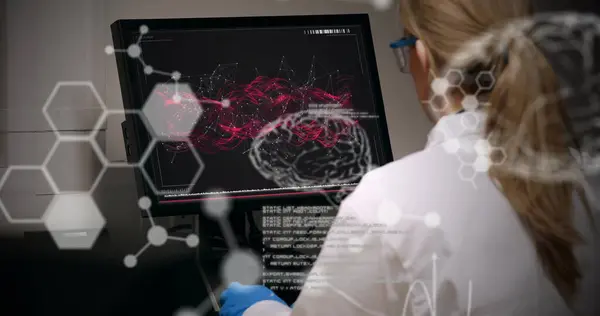 stock image Image of scientific data processing over caucasian female scientist in laboratory. Global research, medicine, science, computing and data processing concept digitally generated image.