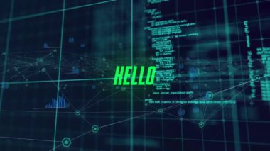 Siyah arkaplanda veri işleme üzerinden merhaba mesajı ve bağlantı ağının animasyonu. Küresel teknoloji, bağlantılar, hesaplama ve dijital arayüz kavramı, dijital olarak oluşturulmuş video.