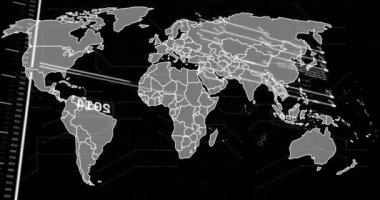 Veri işleme animasyonu ve kara arka planda dünya haritası. Teknoloji, iş ve dijital arayüz kavramı, dijital olarak üretilen video.