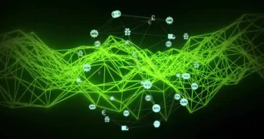 Siyah arkaplandaki simgelerle bağlantı ağının animasyonu. Küresel bağlantılar, bilgisayar, çevrimiçi güvenlik ve dijital arayüz kavramı, dijital olarak oluşturulmuş video.