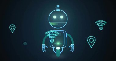 Medya simgeleri üzerinde robot simgesi canlandırması. Teknoloji, iş ve dijital arayüz kavramı, dijital olarak üretilen video.
