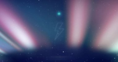 Işık ve yıldızların üzerindeki gök gürültüsü ikonunun animasyonu. Teknoloji, renkler ve dijital arayüz konsepti, dijital olarak oluşturulmuş video.