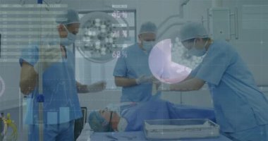 Çeşitli cerrahlar üzerinde finansal veri işleme animasyonu. Küresel tıp, işletme, finans, bağlantılar, bilgisayar ve veri işleme kavramı, dijital olarak oluşturulmuş video.