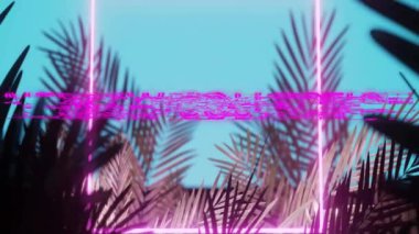 Neon karenin üzerinde yeni koleksiyon metninin animasyonu ve yapraklar. Teknoloji, sosyal medya ve dijital arayüz kavramı, dijital olarak oluşturulmuş video.