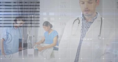 Çeşitli doktorların istatistik ve veri işleme animasyonları. Küresel tıp, bağlantılar, hesaplama ve veri işleme kavramı, dijital olarak oluşturulmuş video.