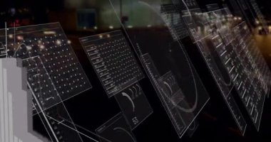 Geceleri işlek şehir caddesinde finansal veri animasyonuyla dijital arayüz. Finans, teknoloji, şehir, fütüristik