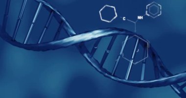 DNA iplikçikleri üzerinde bilimsel veri işleme animasyonu. Küresel bilim, bağlantılar, hesaplama ve veri işleme kavramı, dijital olarak oluşturulmuş video.