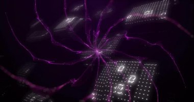 Mor şekiller üzerinde ikili kodlama animasyonu. Teknoloji, şablon ve dijital arayüz kavramı, dijital olarak oluşturulmuş video.