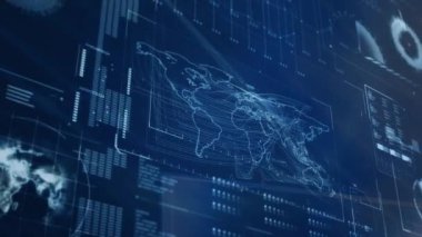 Kara arka planda dünya haritasıyla veri işleme animasyonu. Küresel iş, finans, bilgisayar ve dijital arayüz kavramı, dijital olarak oluşturulmuş video.