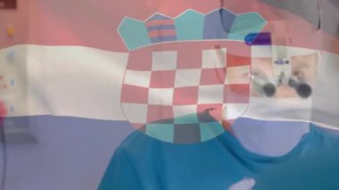 Ameliyat sırasında beyaz cerrahlar üzerinde Hırvat bayrağının canlandırılması. Tıp, vatanseverlik ve dijital arayüz kavramı, dijital olarak üretilen video.