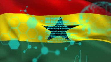 Gana bayrağı üzerinde beyin ve moleküllerle veri işleme animasyonu. Küresel bilim, bilgisayar ve dijital arayüz kavramı, dijital olarak oluşturulmuş video.