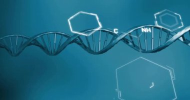 DNA iplikçikleri üzerinde bilimsel veri işleme animasyonu. Küresel bilim, bağlantılar, hesaplama ve veri işleme kavramı, dijital olarak oluşturulmuş video.