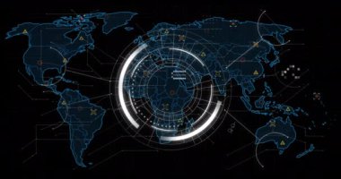 Veri işleme üzerine dünya haritasının animasyonu ve siyah arkaplanda tarama. Küresel teknoloji, bilgisayar ve dijital arayüz kavramı, dijital olarak oluşturulmuş video.