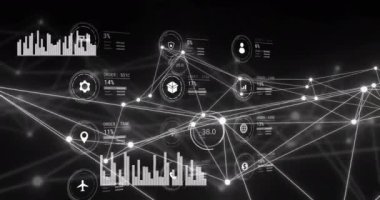 Bağlantılar üzerine simgelerle veri işleme animasyonu. Teknoloji, iş ve dijital arayüz kavramı, dijital olarak üretilen video.