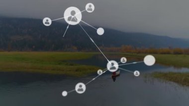 Bağlantılar ağı ve kullanıcı simgeleri göl ile huzurlu bir manzara üzerinde canlandırma. Bağlantı, teknoloji, ağ, dijital, iletişim, internet