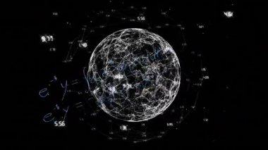 Matematiksel denklemler ve formüllerle dönen kablo küresi animasyonu. Bilim, matematik, teknoloji, dijital, hesaplama, geometri