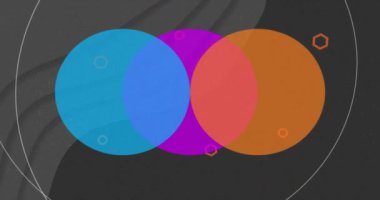 Siyah arka planda hareket eden canlı dairelerin ve çizgilerin canlandırılması. Renk, desen, şekil ve hareket konsepti, dijital olarak oluşturulmuş video.