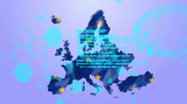 Avrupa haritasının üzerinde eu bayrağıyla beyin ve moleküllerle veri işleme animasyonu. Küresel bilim, bilgisayar ve dijital arayüz kavramı, dijital olarak oluşturulmuş video.