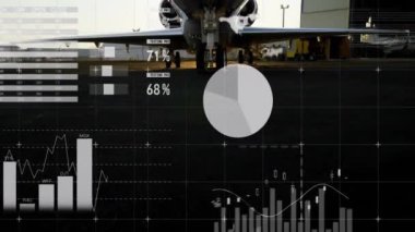 Hangardaki uçağın finansal veri animasyonunu analiz ediyorum. Havacılık, finans, teknoloji, veri analizi, yenilik, uçak