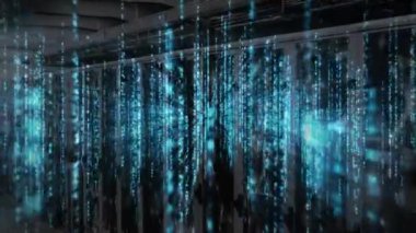 Bilgisayar sunucuları üzerinde dijital veri işleme animasyonu. Küresel bağlantılar, hesaplama ve veri işleme kavramı, dijital olarak oluşturulmuş video.