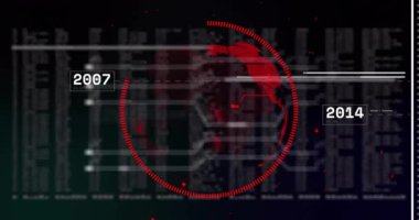 Dünya üzerinde veri işleme animasyonu. Teknoloji, iş ve dijital arayüz kavramı, dijital olarak üretilen video.