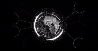 Siyah arkaplanda veri işleme sistemi olan dünyanın animasyonu. Küresel teknoloji, bilgisayar ve dijital arayüz kavramı, dijital olarak oluşturulmuş video.