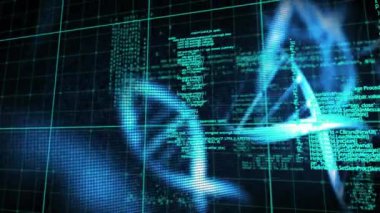 Siyah arka plandaki veri işleme üzerindeki DNA iplikçiklerinin animasyonu. Küresel tıp, bilim, bilgisayar ve dijital arayüz kavramı, dijital olarak oluşturulmuş video.