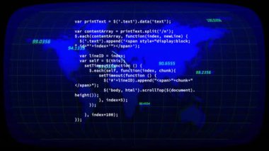 Dünya haritasında kara zemin üzerinde veri işleme animasyonu. Küresel teknoloji, bilgisayar, çevrimiçi güvenlik ve dijital arayüz kavramı, dijital olarak oluşturulmuş video.