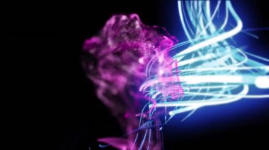 Siyah zemin üzerindeki ışık ve şekillerin animasyonu. Şekiller, renkler, desen ve arkaplan konsepti, dijital olarak oluşturulmuş video.