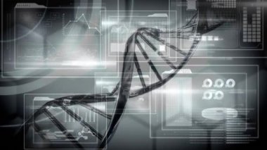 Siyah arka plandaki veri işleme üzerindeki DNA iplikçiklerinin animasyonu. Küresel bilim, tıp, bilgisayar ve dijital arayüz kavramı, dijital olarak oluşturulmuş video.