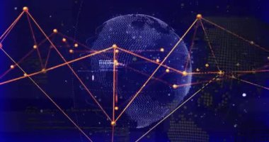 Karanlık arka planda dijital veri işleme ve dünya üzerindeki bağlantıların animasyonu. Küresel bağlantılar, hesaplama ve veri işleme kavramı, dijital olarak oluşturulmuş video.