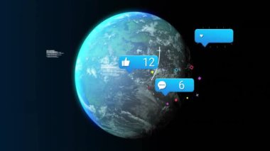 Veri işleme ve kürede medya simgelerinin canlandırılması. Teknoloji, iş ve dijital arayüz kavramı, dijital olarak üretilen video.