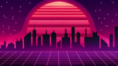 Canlı bir geçmişe dönük şehir manzarası neon pembe ve mor renkleri var. Ufuk çizgisi parlak, çizgili günbatımına karşı, şebeke desenli ön planı olan yüksek binalara sahiptir.