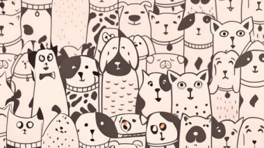 Değişik desenleri ve ifadeleri olan sevimli çizgi film köpeklerinin desenli duvar kağıtları çerçeveyi dolduruyor. Arka plan açık bej, sanatın eğlenceli ve tuhaf doğasını geliştiriyor.