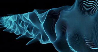 Akan mavi dalgalar ve soyut dijital animasyon parçacıkları. Gelecekçi, teknoloji, enerji