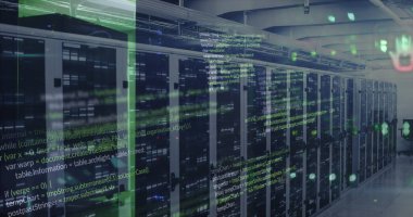 Bilgisayar sunucuları üzerinden veri işleme resmi. Küresel iş, finans, hesaplama ve veri işleme kavramı dijital olarak oluşturulmuş görüntü.
