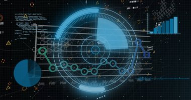 Siyah arkaplana karşı yuvarlak tarayıcı ve istatistiksel veri işleme resmi. Bilgisayar arayüzü ve iş veri teknolojisi kavramı