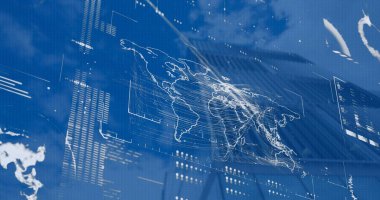 Modern bina üzerinde istatistik ve finansal veri işleme görüntüsü. Küresel bağlantılar, iş, finans, hesaplama ve veri işleme kavramı dijital olarak oluşturuldu.