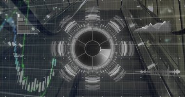 Yürüyen merdivene karşı yuvarlak tarayıcı ve finansal veri işleme resmi. Küresel finans ve iş arayüzü teknolojisi kavramı