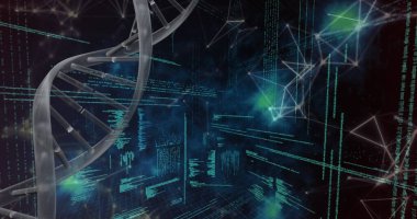 Veri işleme ve pleksus ağlarına karşı çalışan saatin görüntüsü ve dönen DNA yapısı. Tıbbi araştırma ve iş teknolojisi kavramı