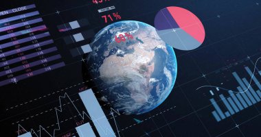 Siyah arkaplan üzerinde çok renkli bilgi arayüzü ve küre resmi. Dijital olarak üretilen hologram, illüstrasyon, rapor, iş dünyası, büyüme, ilerleme ve küreselleşme kavramı.