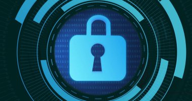 İkili kodlu hareket halindeki asma kilit görüntüsü. Hologram, dijital olarak oluşturulmuş, güvenlik, koruma, kodlama, veritabanı ve teknoloji kavramı.